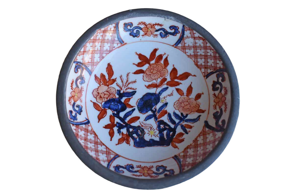 Small Porcelain Bowl with Flowers and Encased in Pewter