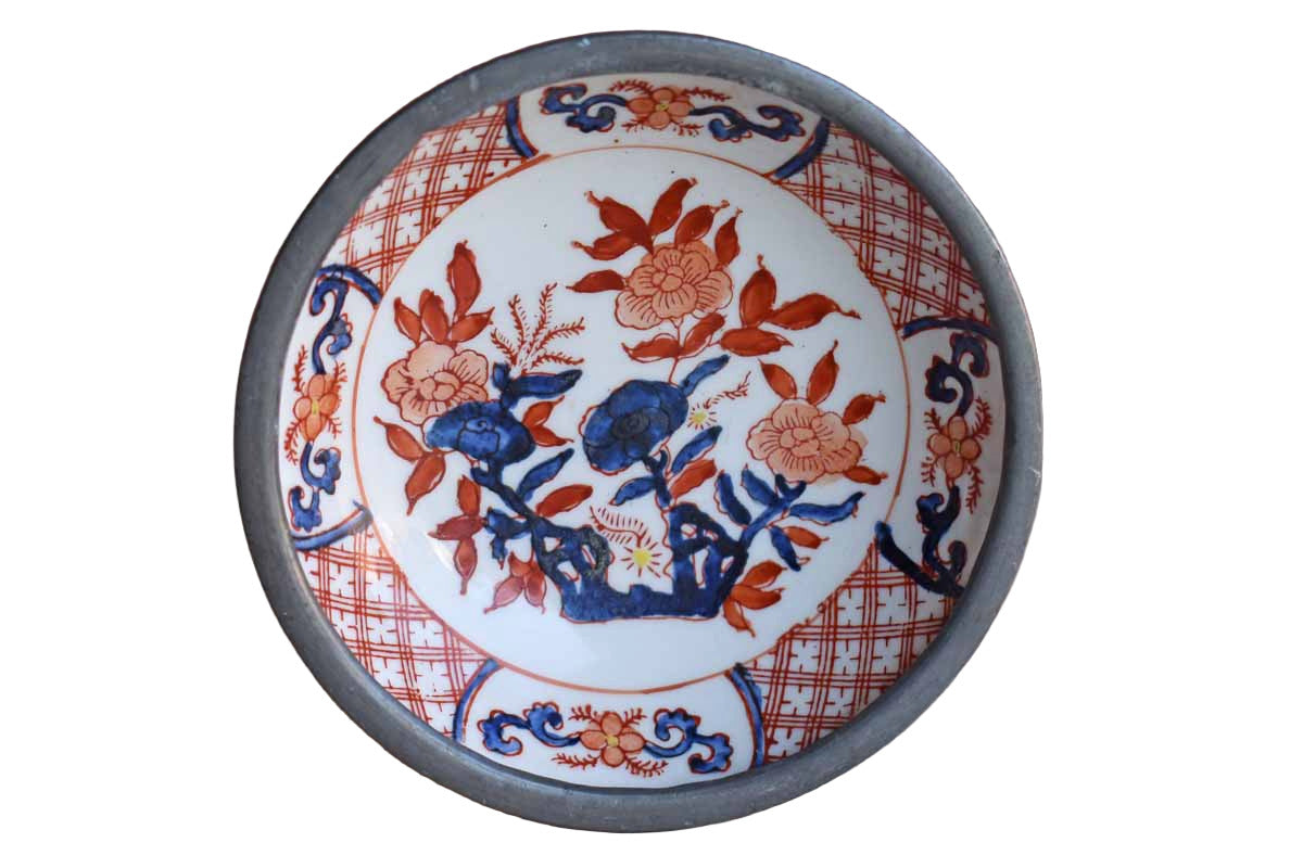Small Porcelain Bowl with Flowers and Encased in Pewter