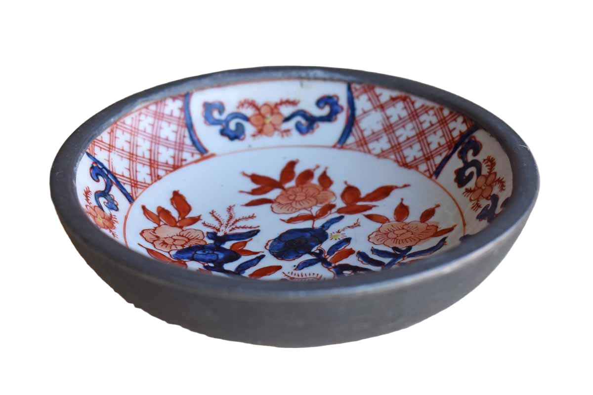 Small Porcelain Bowl with Flowers and Encased in Pewter