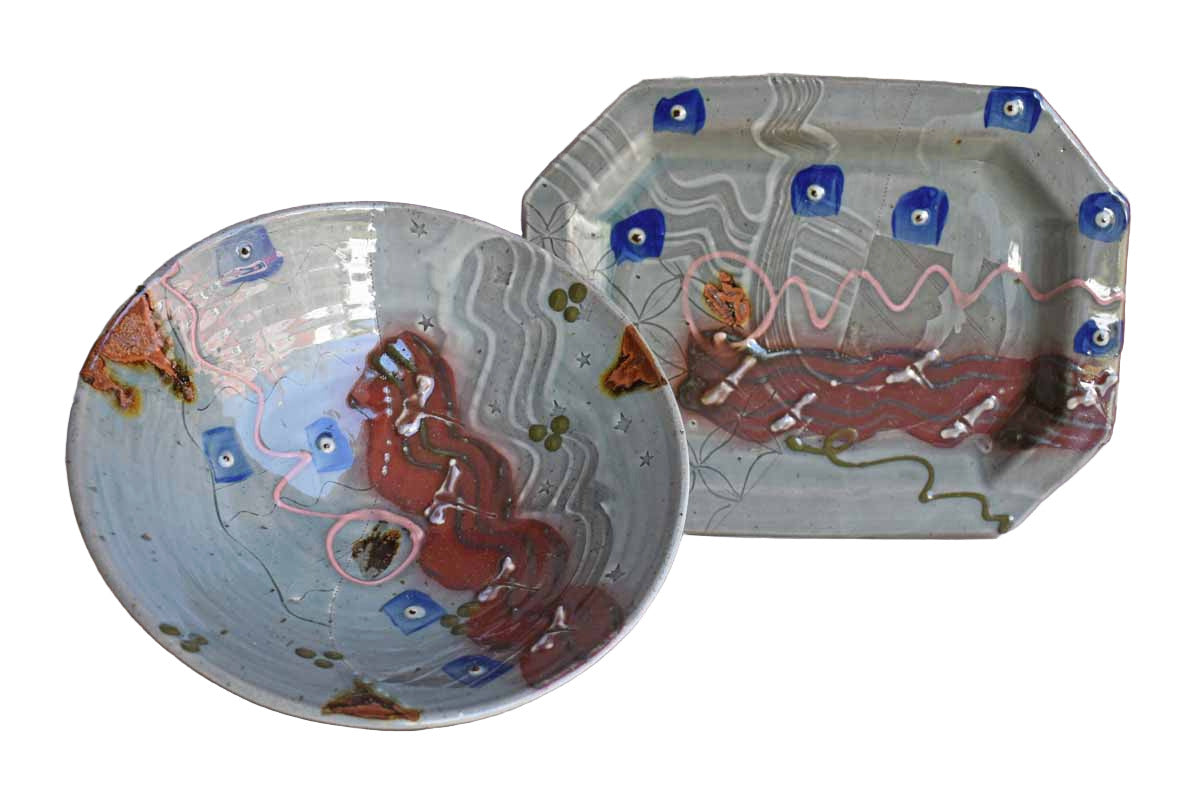 Funky Stoneware Bowl and Tray with Riot of Colors and Patterns