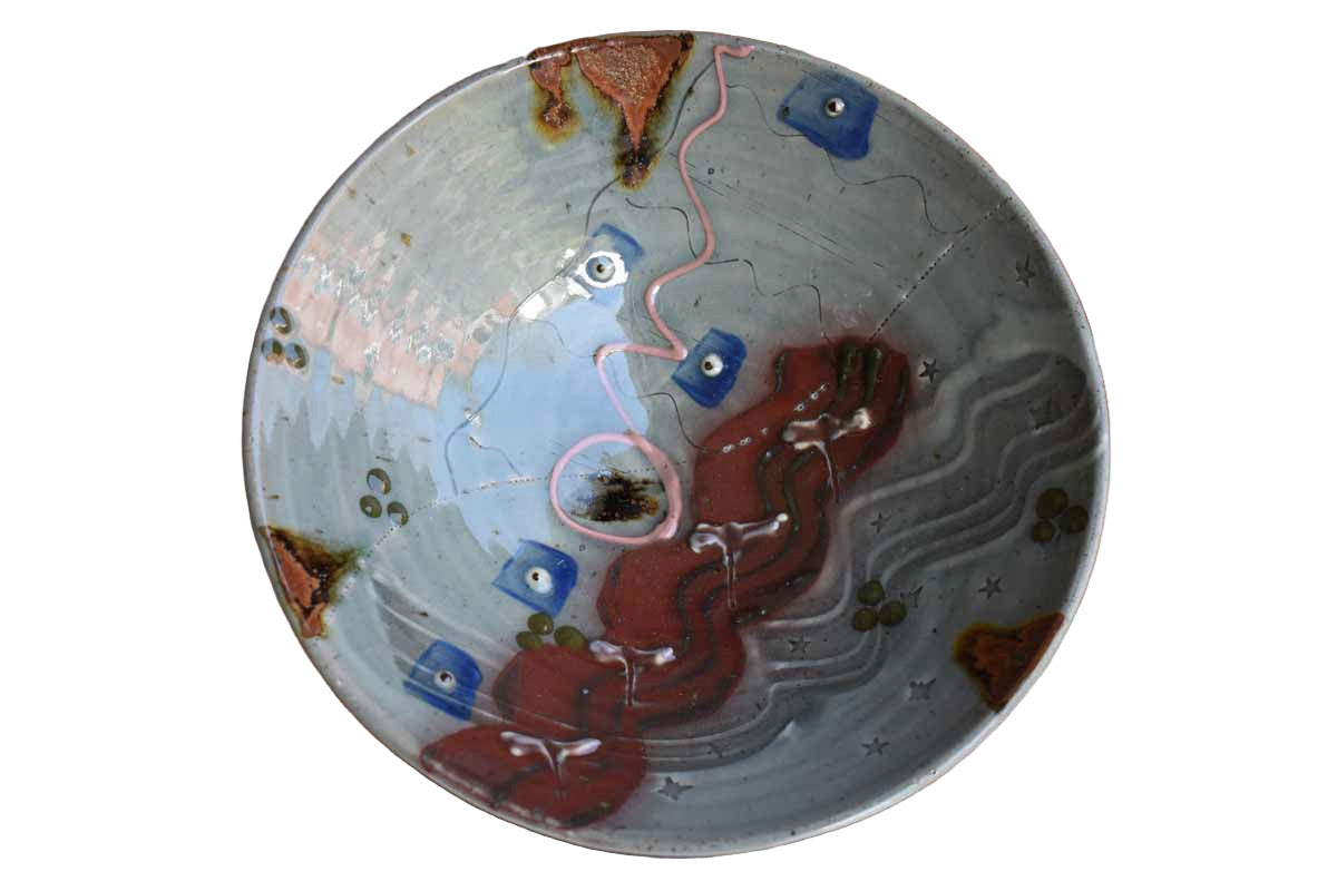 Funky Stoneware Bowl and Tray with Riot of Colors and Patterns