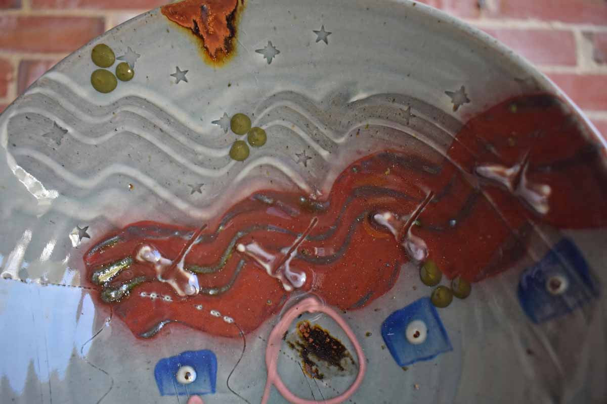 Funky Stoneware Bowl and Tray with Riot of Colors and Patterns