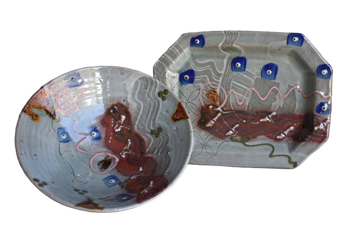 Funky Stoneware Bowl and Tray with Riot of Colors and Patterns