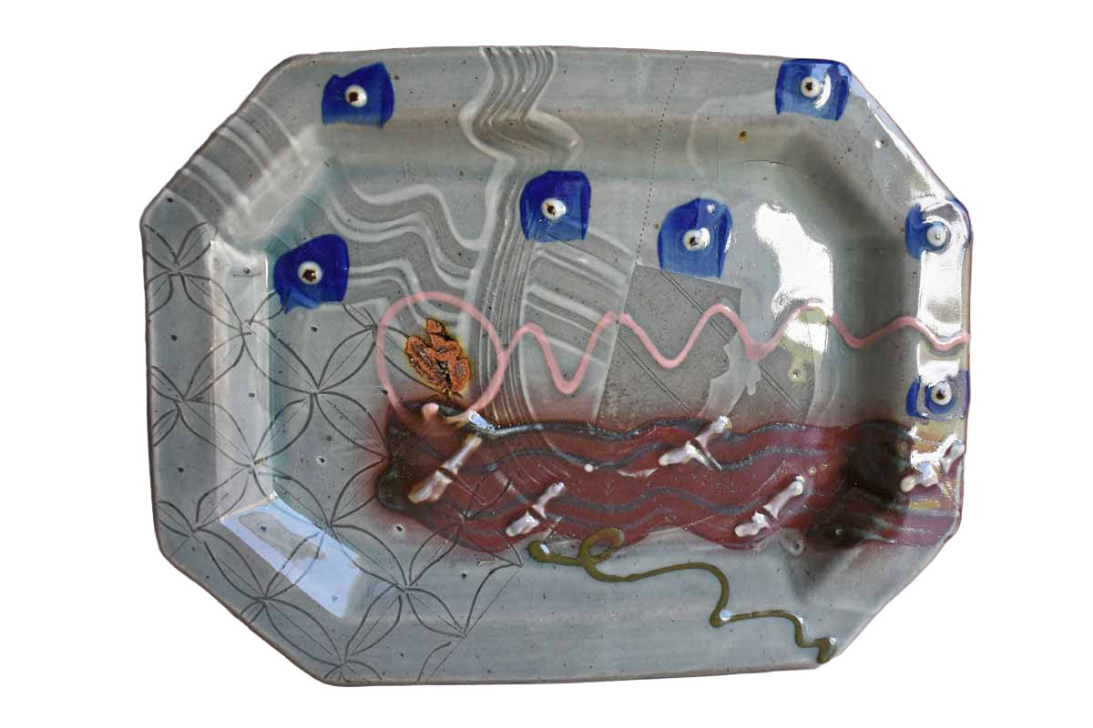 Funky Stoneware Bowl and Tray with Riot of Colors and Patterns