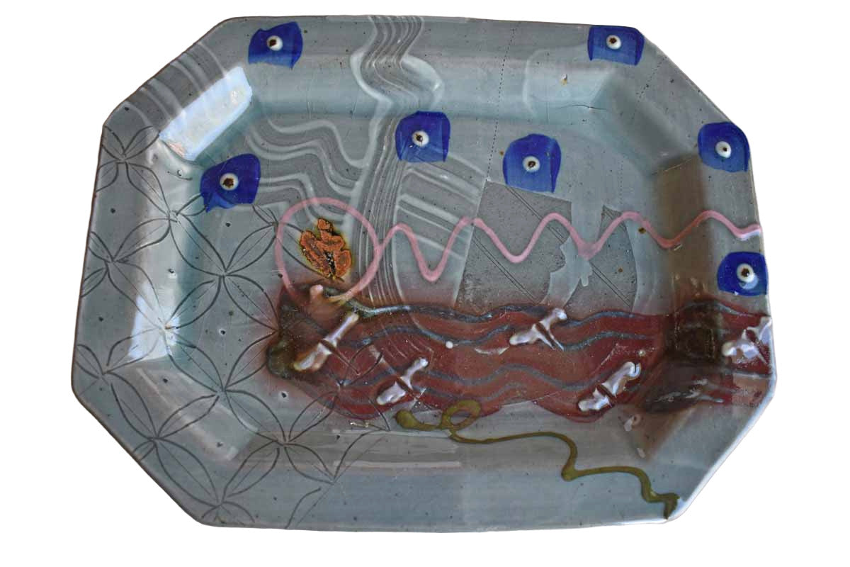 Funky Stoneware Bowl and Tray with Riot of Colors and Patterns