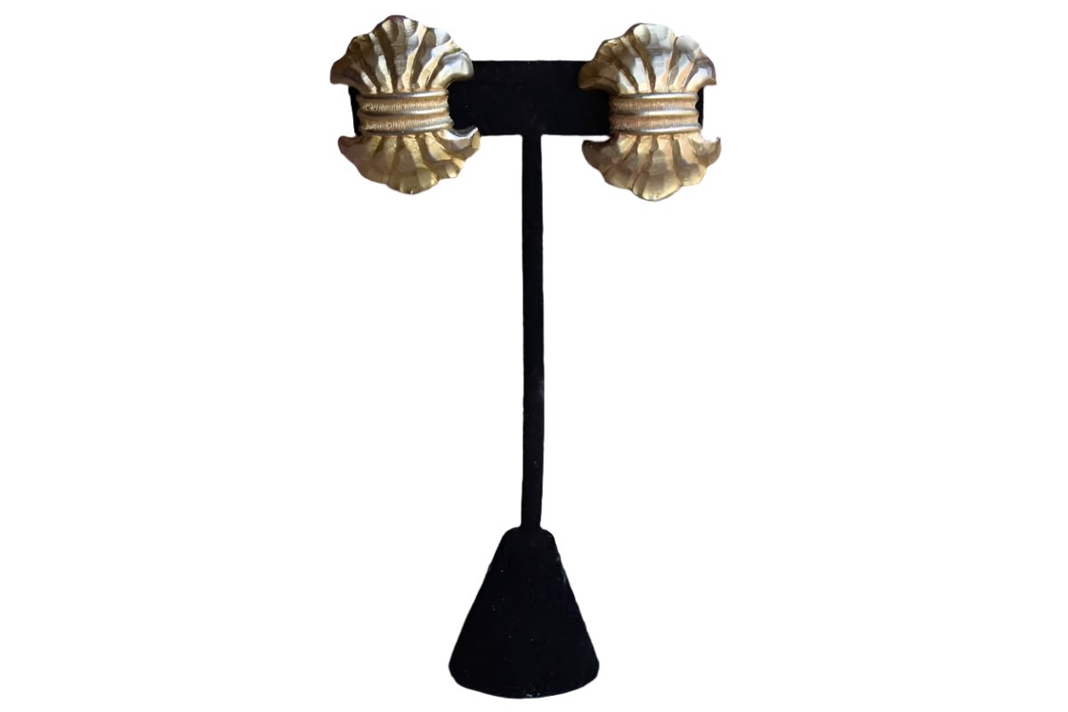 Gold Tone Banded Ribbon-Like Non-Pierced Earrings