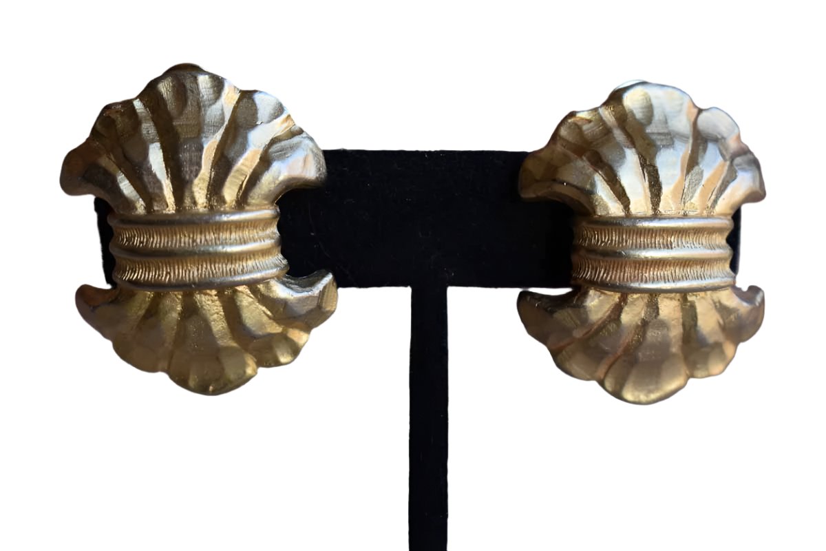 Gold Tone Banded Ribbon-Like Non-Pierced Earrings