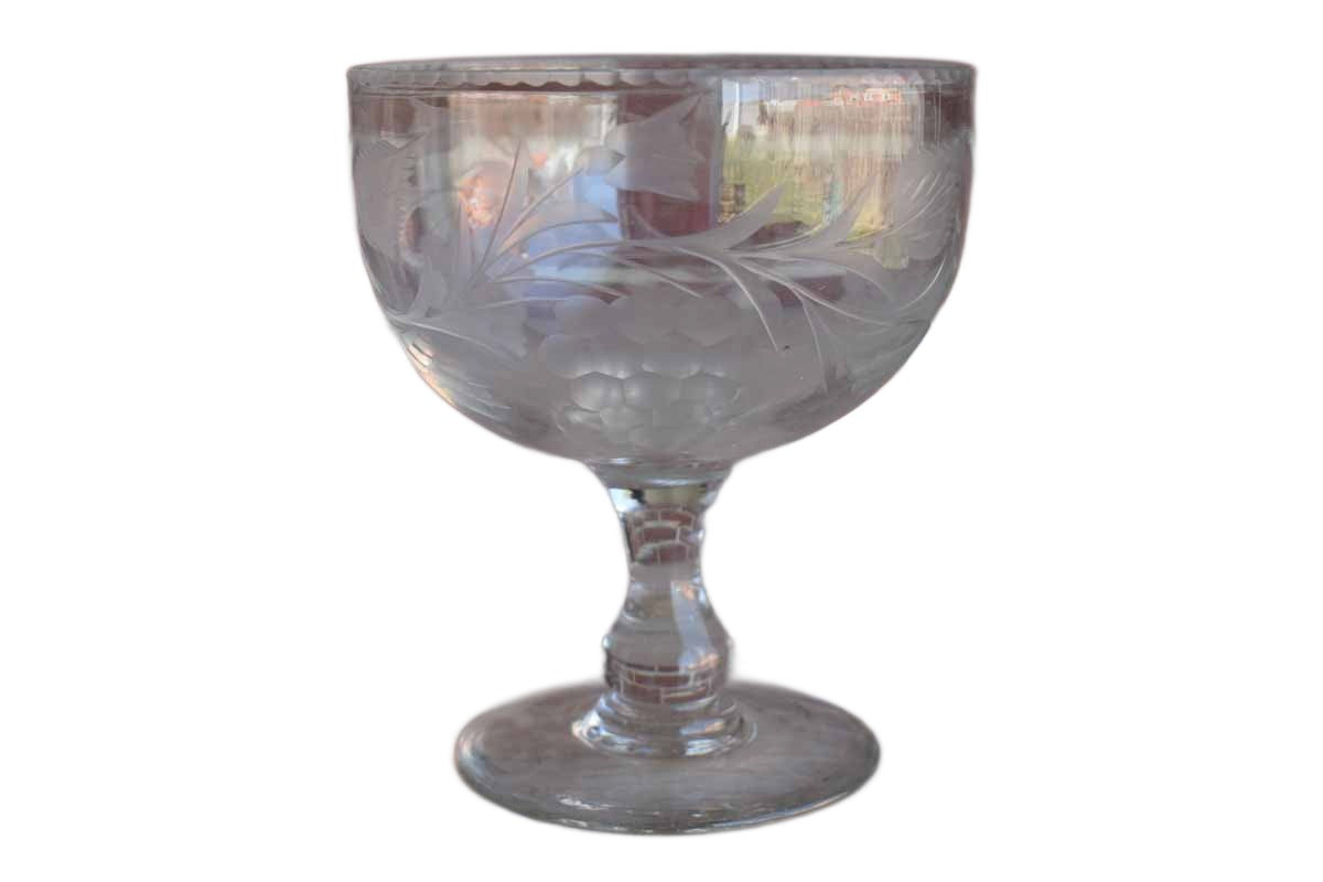 Glass Pedestal Bowl with Etched Grapes and Leaves