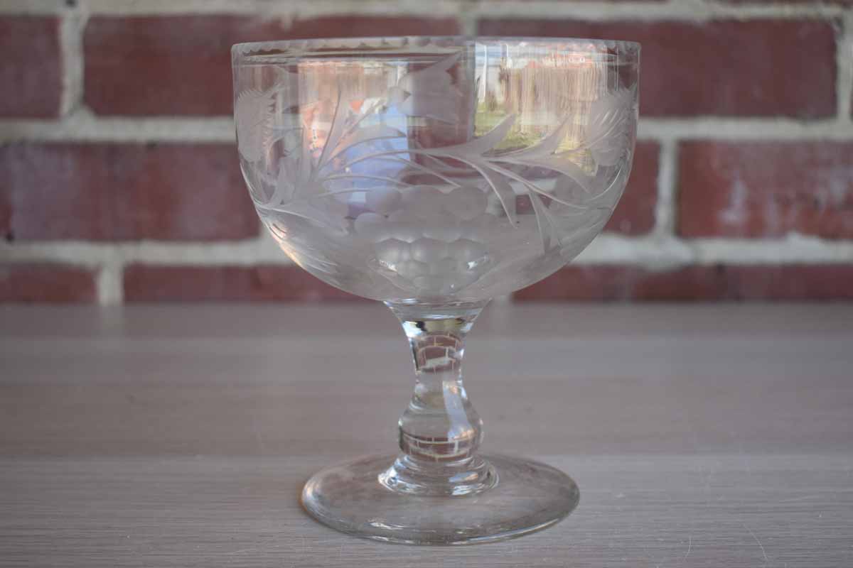Glass Pedestal Bowl with Etched Grapes and Leaves