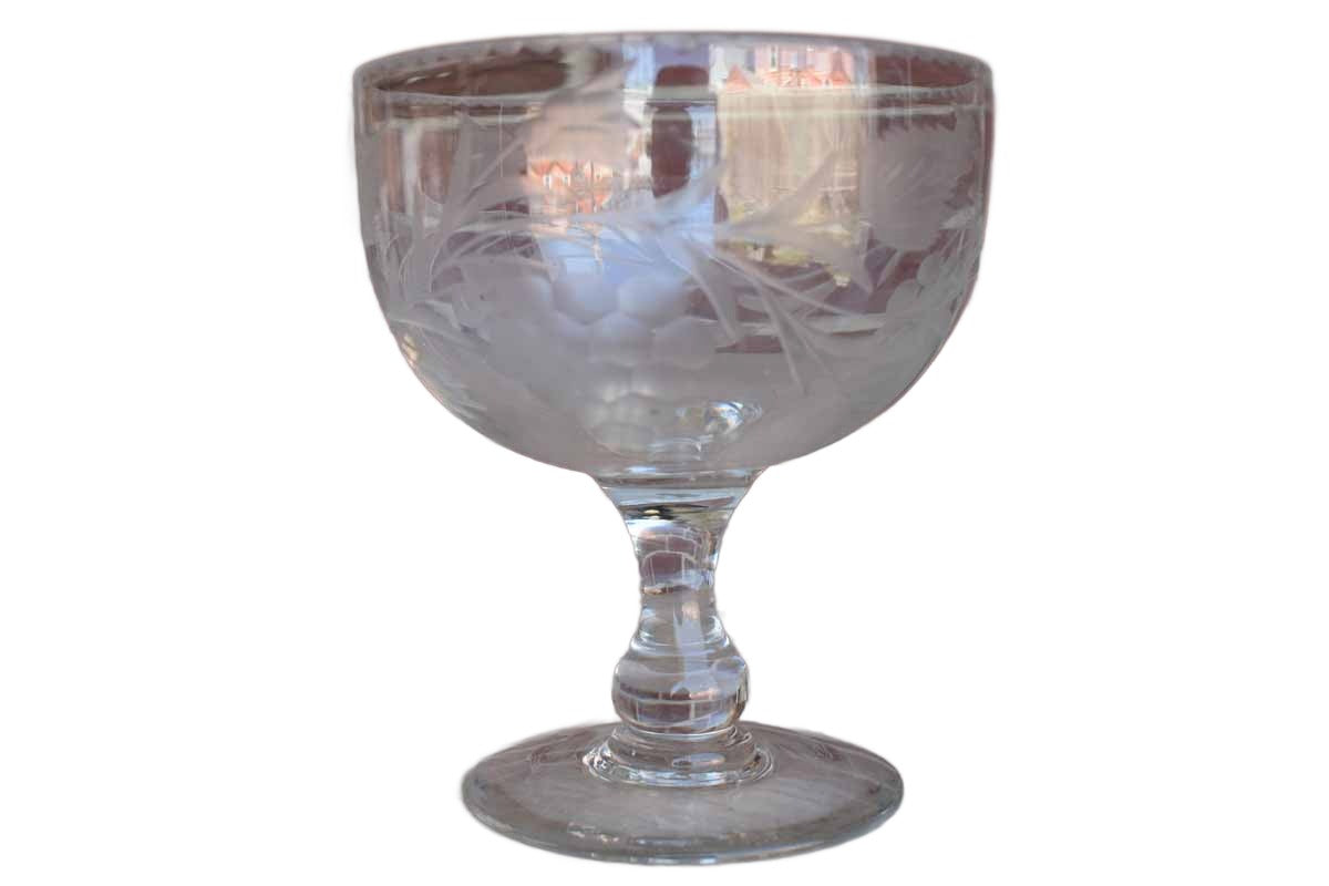 Glass Pedestal Bowl with Etched Grapes and Leaves