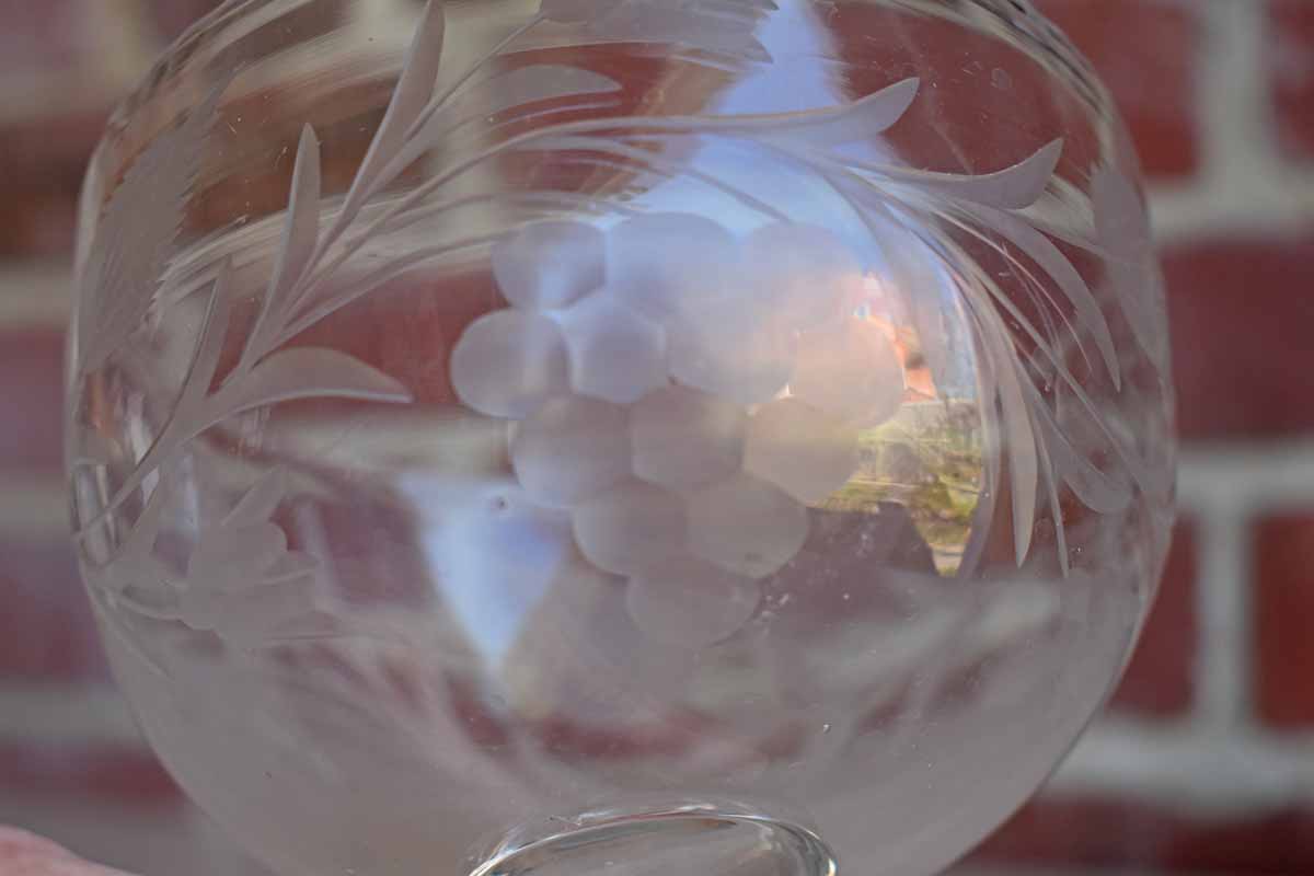Glass Pedestal Bowl with Etched Grapes and Leaves