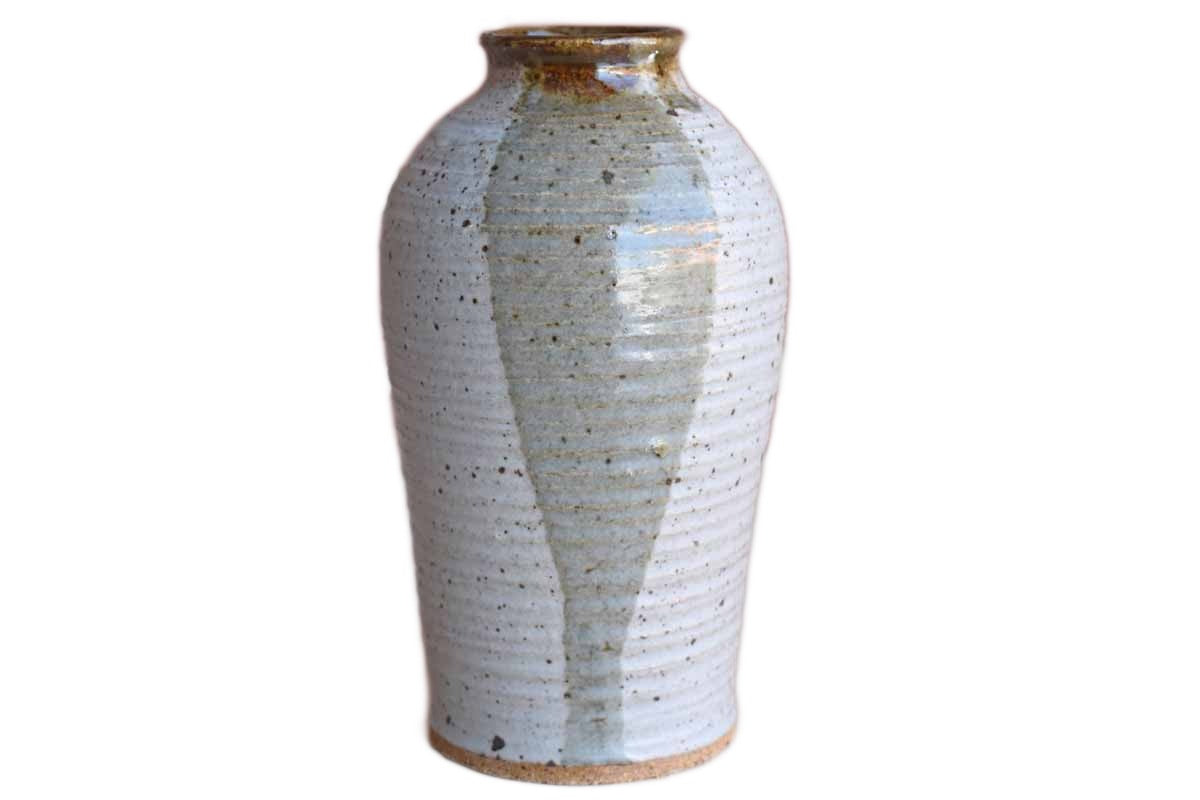 Handmade Vase with Horizontal Ribbing and Gray-Green Glazes