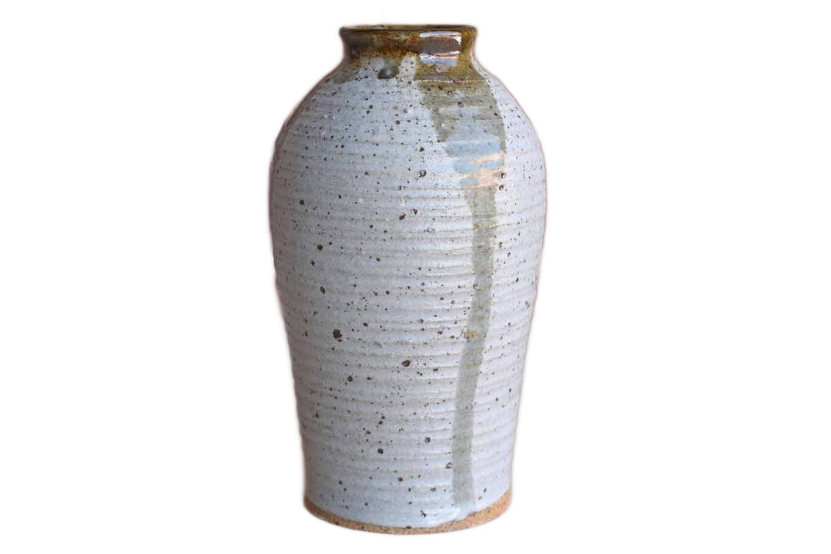 Handmade Vase with Horizontal Ribbing and Gray-Green Glazes