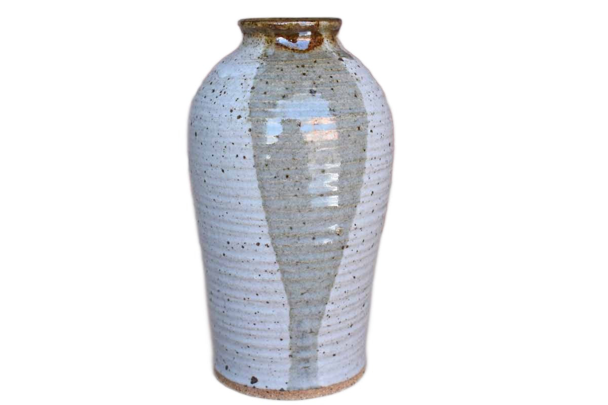 Handmade Vase with Horizontal Ribbing and Gray-Green Glazes