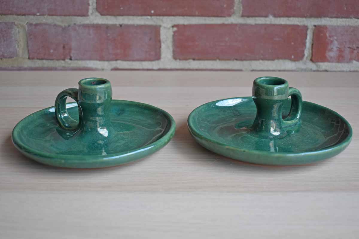Pair of Handmade Green Ceramic Chambersticks