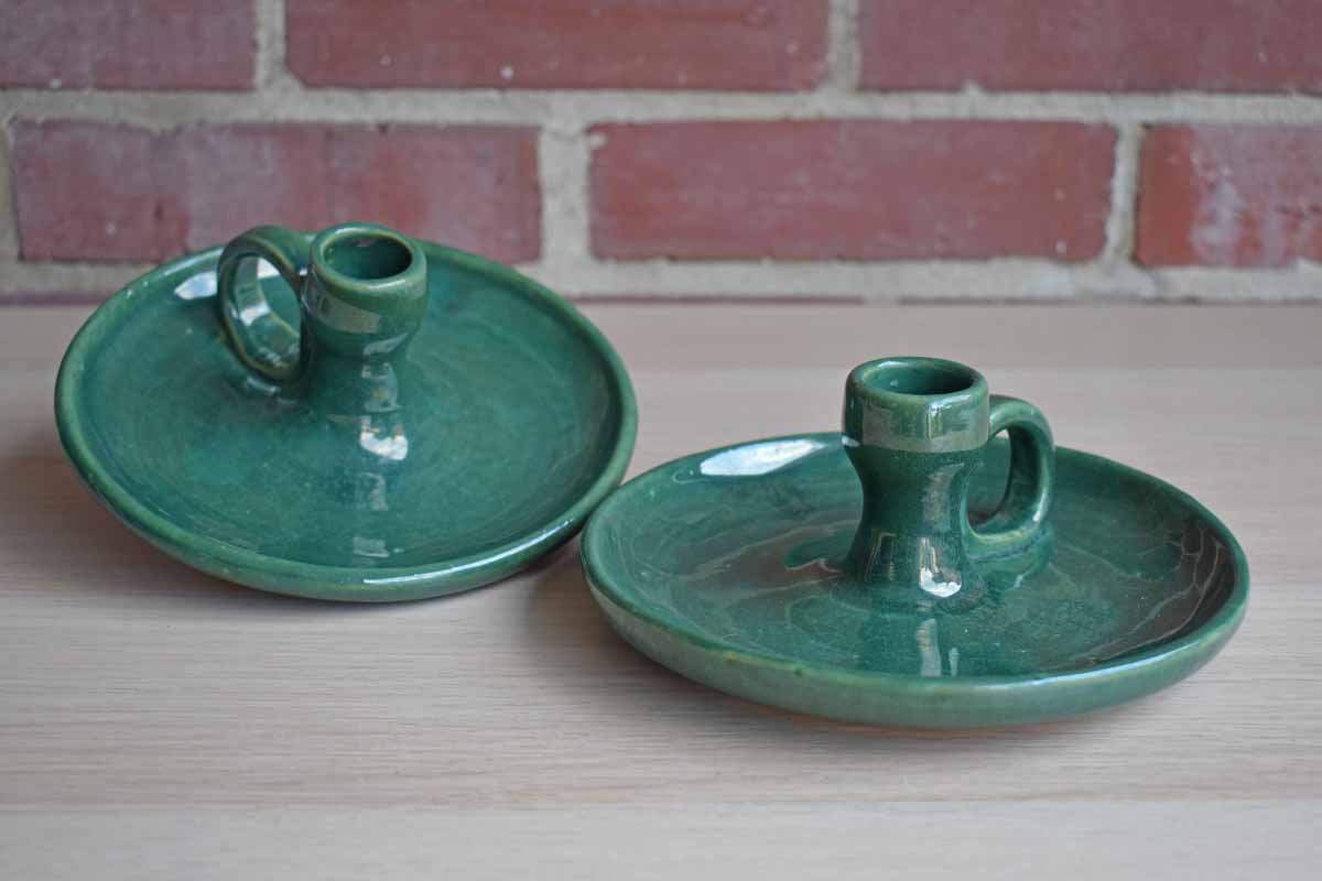 Pair of Handmade Green Ceramic Chambersticks