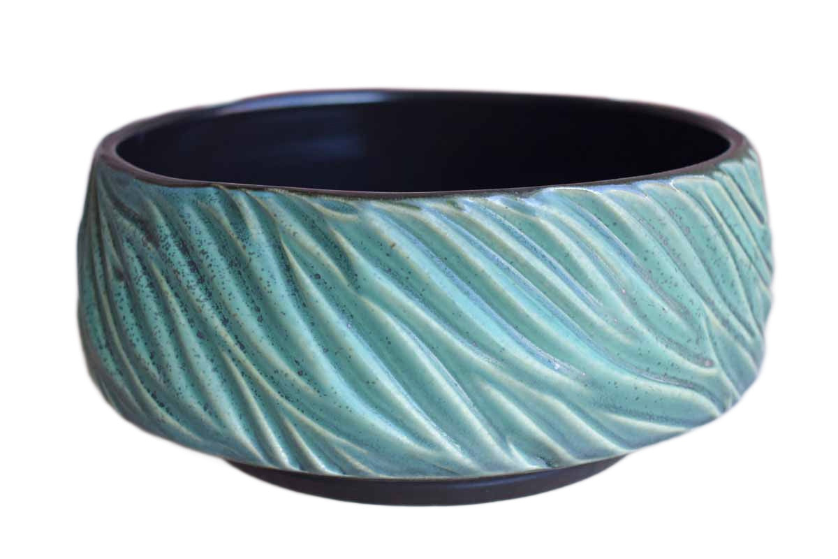 Shallow Handmade Bowl with Flowing Green Leaf-Like Patterns