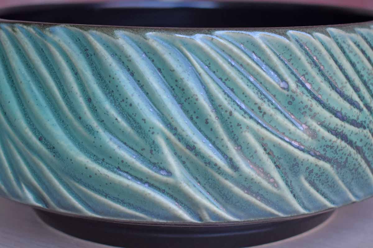 Shallow Handmade Bowl with Flowing Green Leaf-Like Patterns