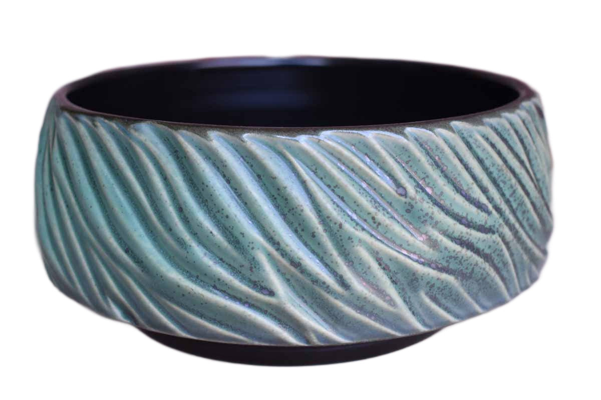 Shallow Handmade Bowl with Flowing Green Leaf-Like Patterns
