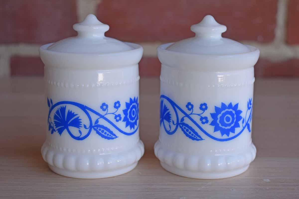 Hazel Atlas Glass Company (West Virginia, USA) Blue Sweetpea Glass Mustard/Spice/Jam Jars, A Pair