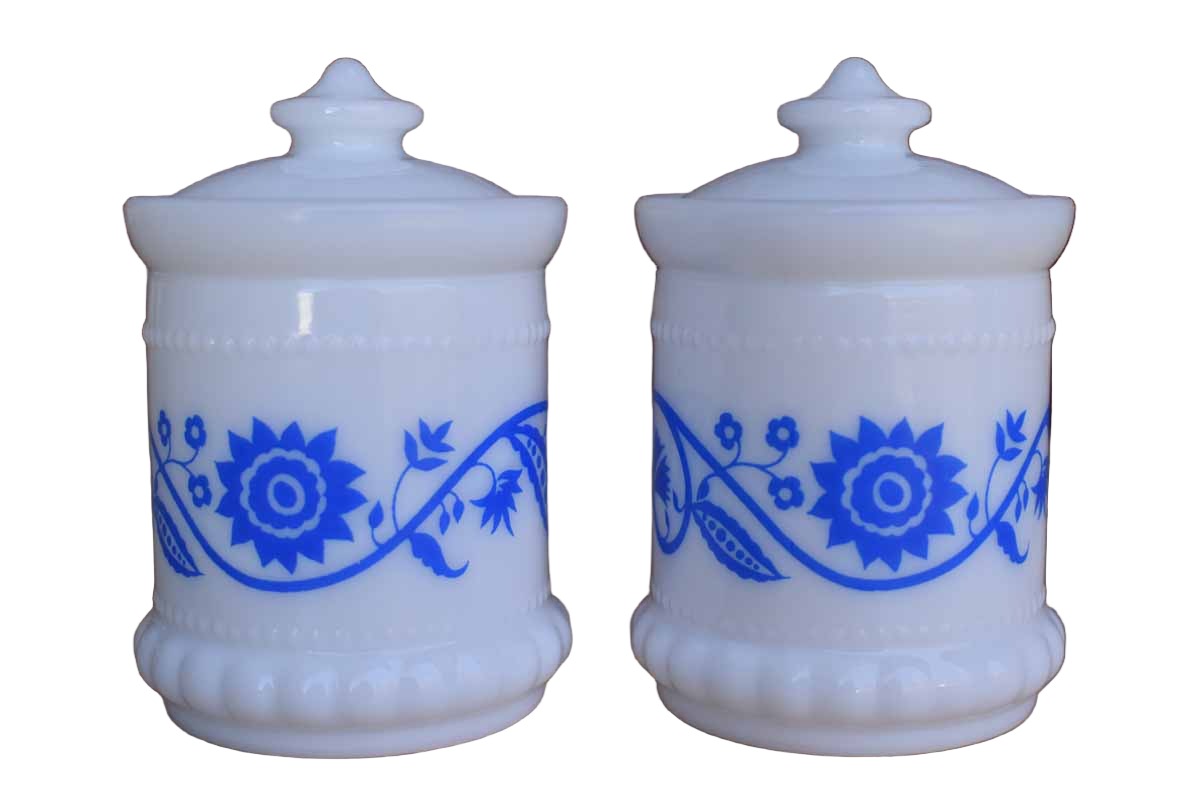 Hazel Atlas Glass Company (West Virginia, USA) Blue Sweetpea Glass Mustard/Spice/Jam Jars, A Pair
