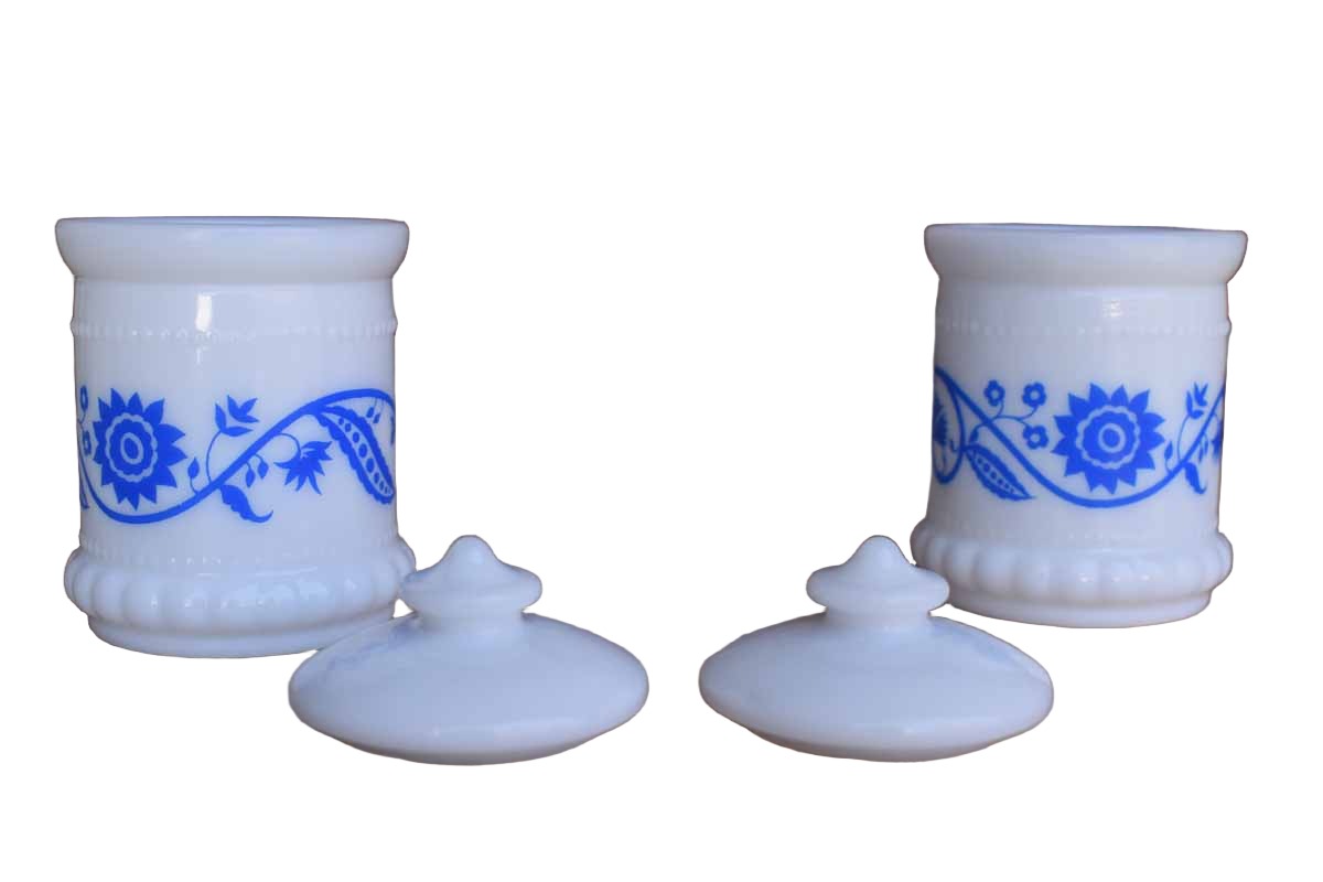 Hazel Atlas Glass Company (West Virginia, USA) Blue Sweetpea Glass Mustard/Spice/Jam Jars, A Pair