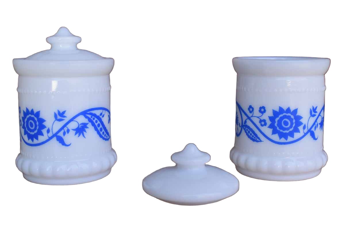 Hazel Atlas Glass Company (West Virginia, USA) Blue Sweetpea Glass Mustard/Spice/Jam Jars, A Pair