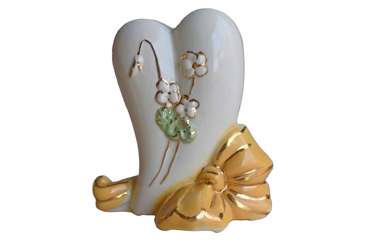 Ceramic Heart-Shaped Vase with Yellow Bow and Gold Accents