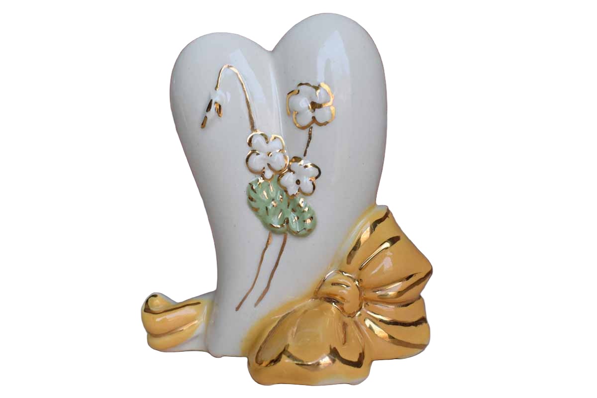 Ceramic Heart-Shaped Vase with Yellow Bow and Gold Accents