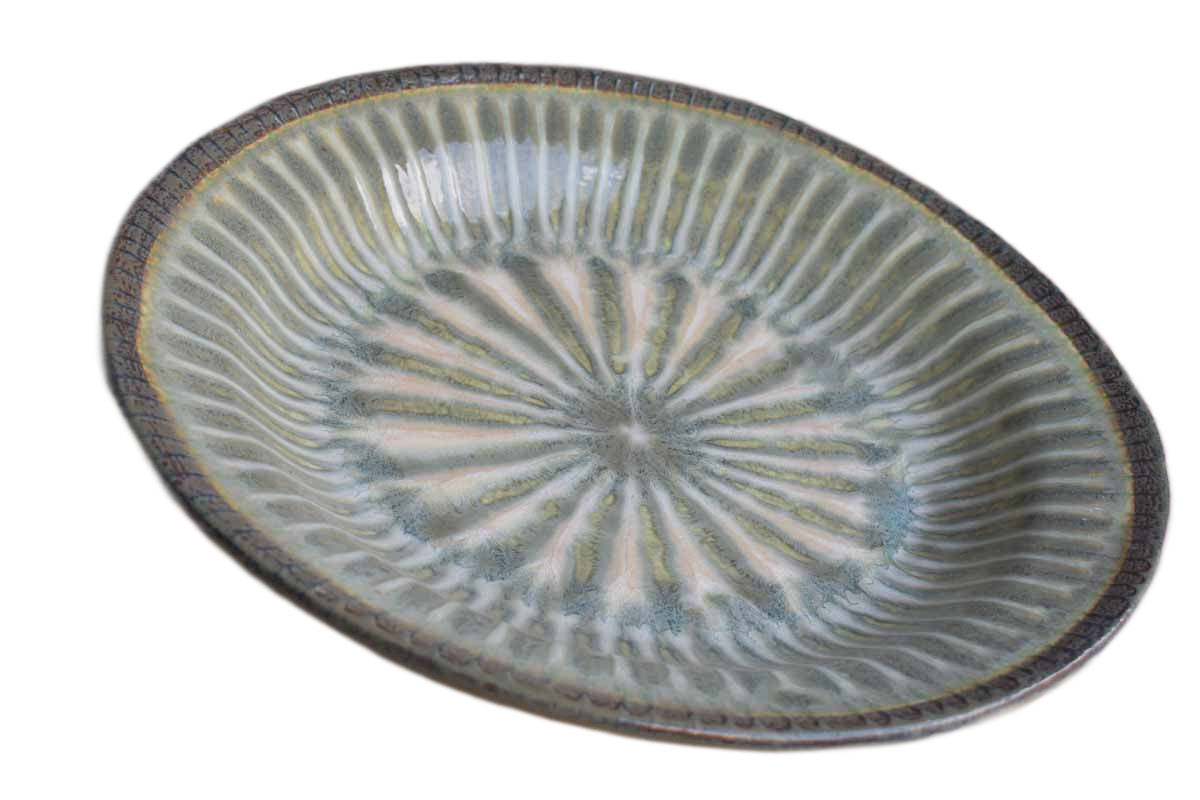 The Good Earth Pottery Large Handmade Stoneware Platter with Teal and Amber Glazes (Pickup Only)