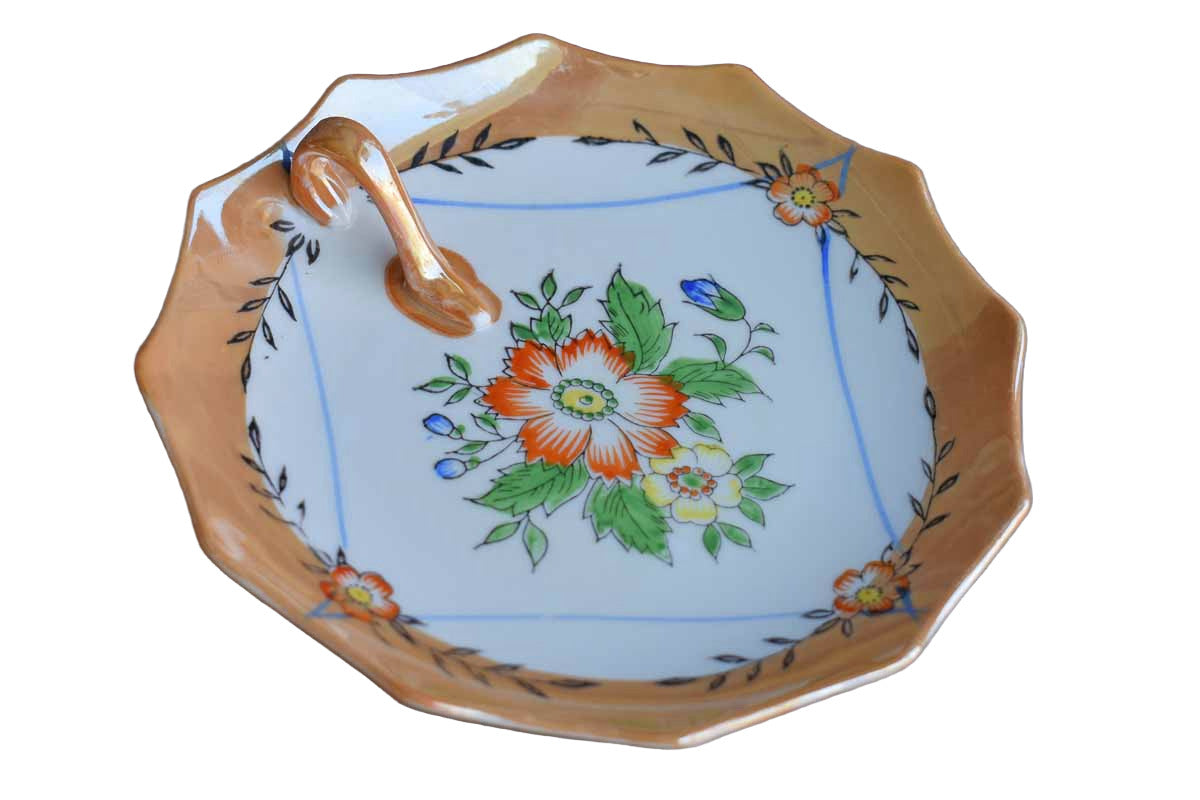Small Lusterware Handled Dish with Painted Flowers, Made in Japan