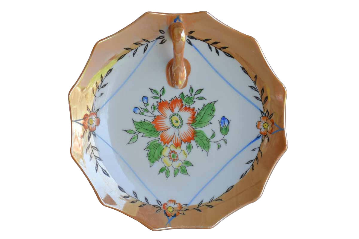 Small Lusterware Handled Dish with Painted Flowers, Made in Japan
