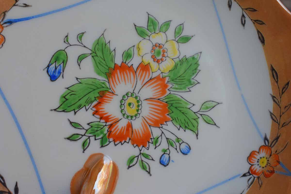 Small Lusterware Handled Dish with Painted Flowers, Made in Japan