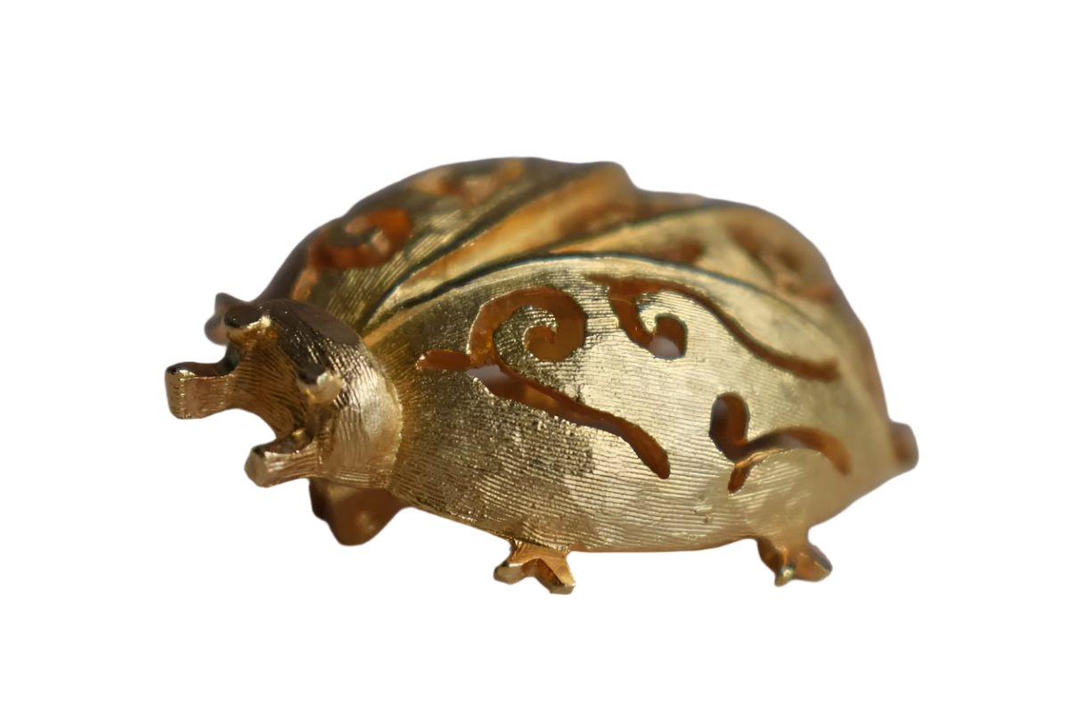 Gold Tone Metal Ladybug Brooch with Filigree Designs