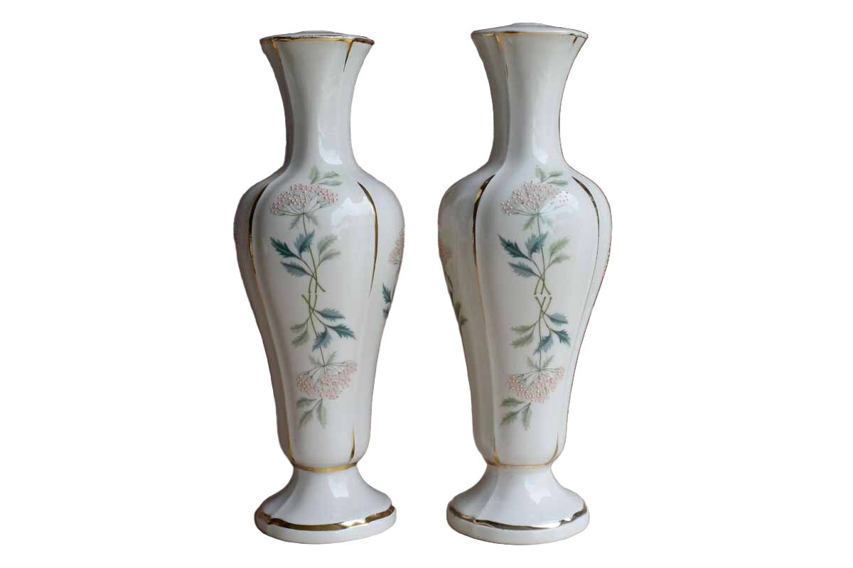 Porcelain Lamp Bases with Pink Flowers and Green Stems (Not Wired)
