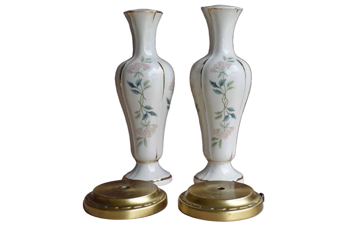 Porcelain Lamp Bases with Pink Flowers and Green Stems (Not Wired)