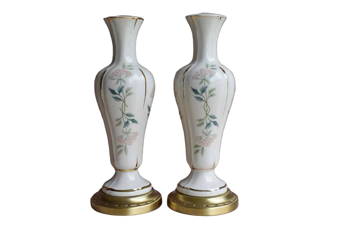 Porcelain Lamp Bases with Pink Flowers and Green Stems (Not Wired)