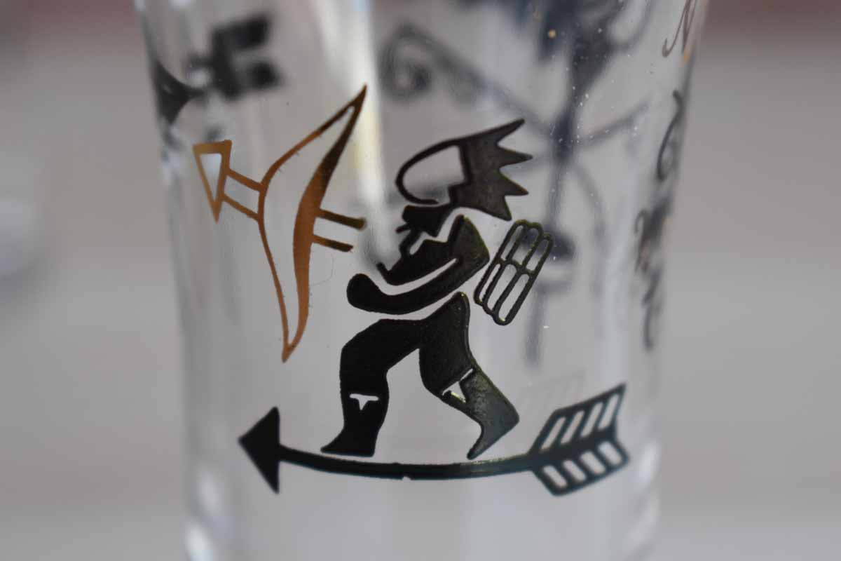 Libbey Glass (Ohio, USA) Shot Glasses with Rooster, Archer and Weathervane, A Pair