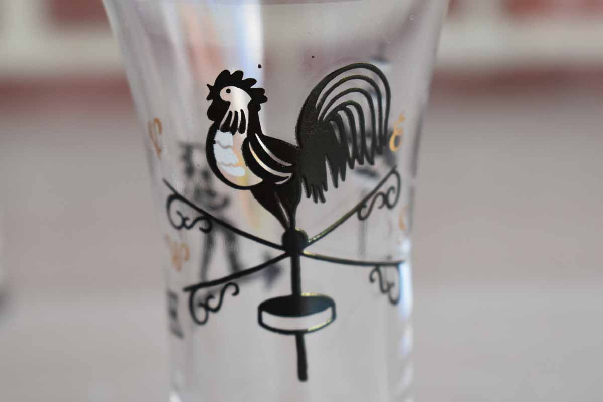Libbey Glass (Ohio, USA) Shot Glasses with Rooster, Archer and Weathervane, A Pair