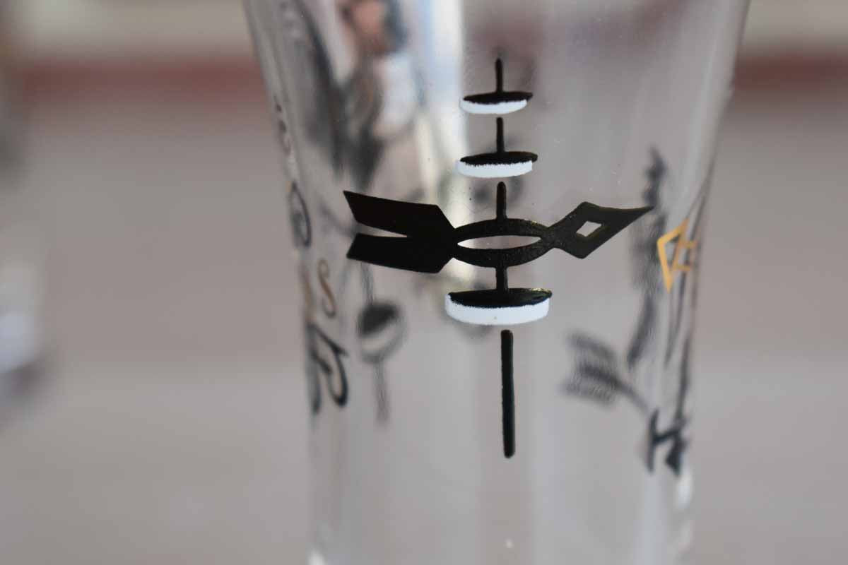 Libbey Glass (Ohio, USA) Shot Glasses with Rooster, Archer and Weathervane, A Pair