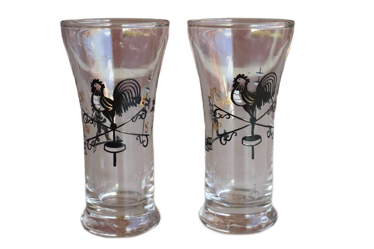 Libbey Glass (Ohio, USA) Shot Glasses with Rooster, Archer and Weathervane, A Pair