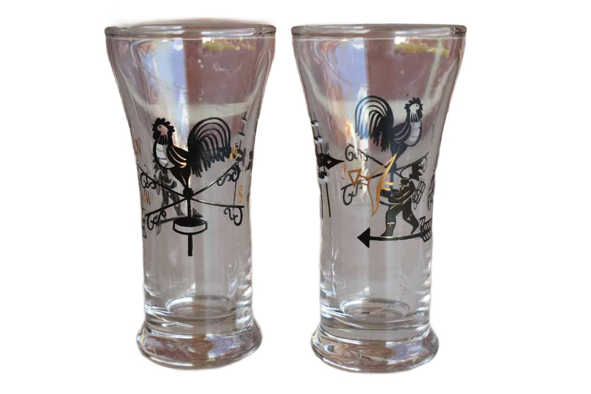 Libbey Glass (Ohio, USA) Shot Glasses with Rooster, Archer and Weathervane, A Pair