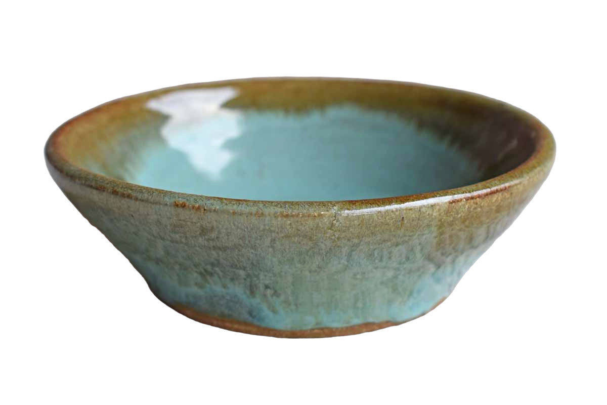 Small Sturdy Stoneware Bowl with Sea Green and Tan Glazes