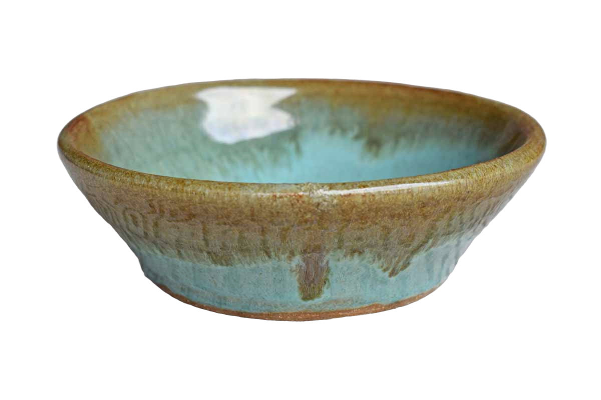 Small Sturdy Stoneware Bowl with Sea Green and Tan Glazes
