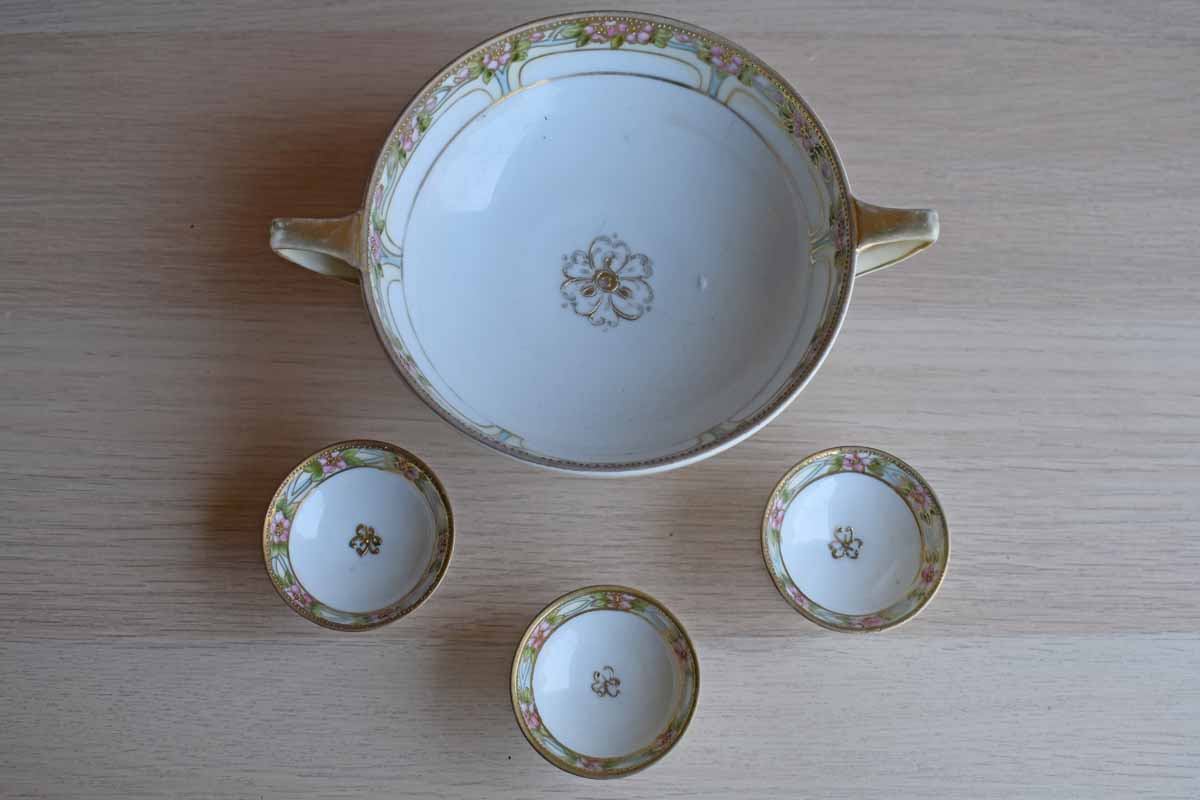 Morimura Brothers (Japan) Porcelain Bowls with Hand Painted Pink Flowers