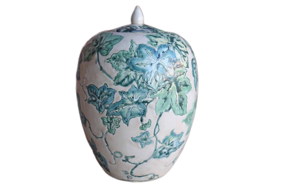 Ovoid Ceramic Lidded Jar with Green Leaves