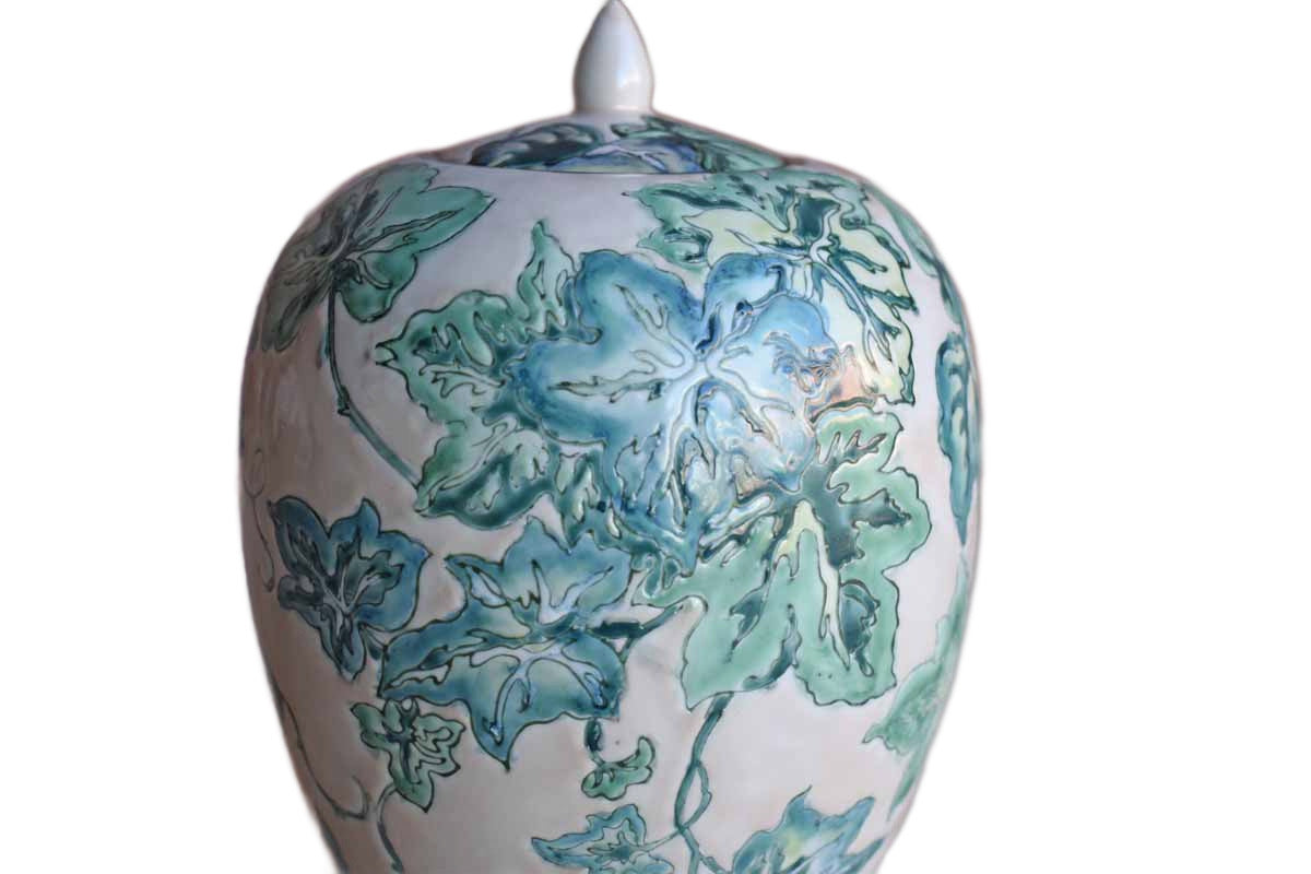 Ovoid Ceramic Lidded Jar with Green Leaves