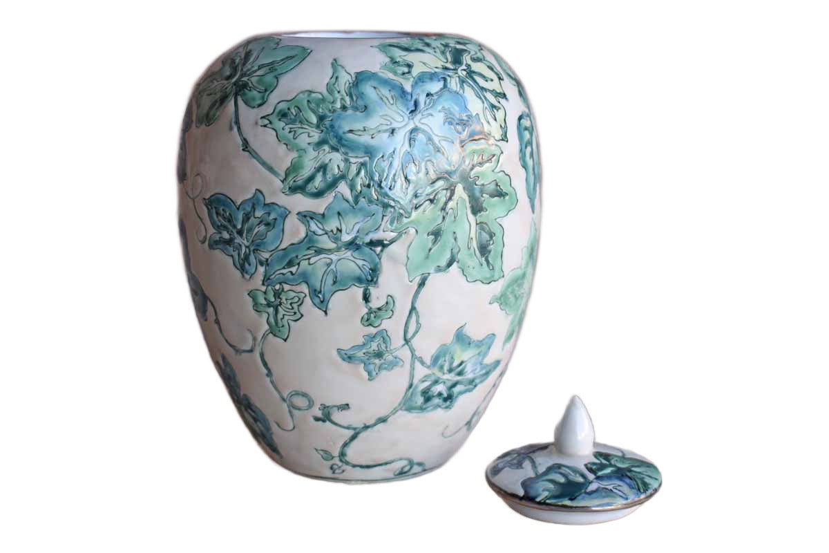 Ovoid Ceramic Lidded Jar with Green Leaves
