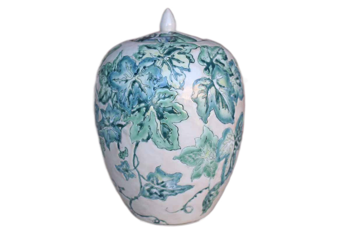 Ovoid Ceramic Lidded Jar with Green Leaves