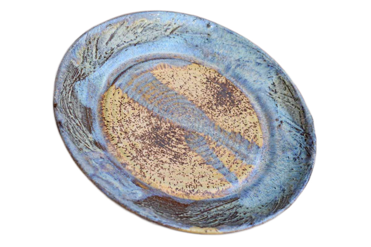 Old Stoneware Plate with Purple and Speckled Tan Glazes